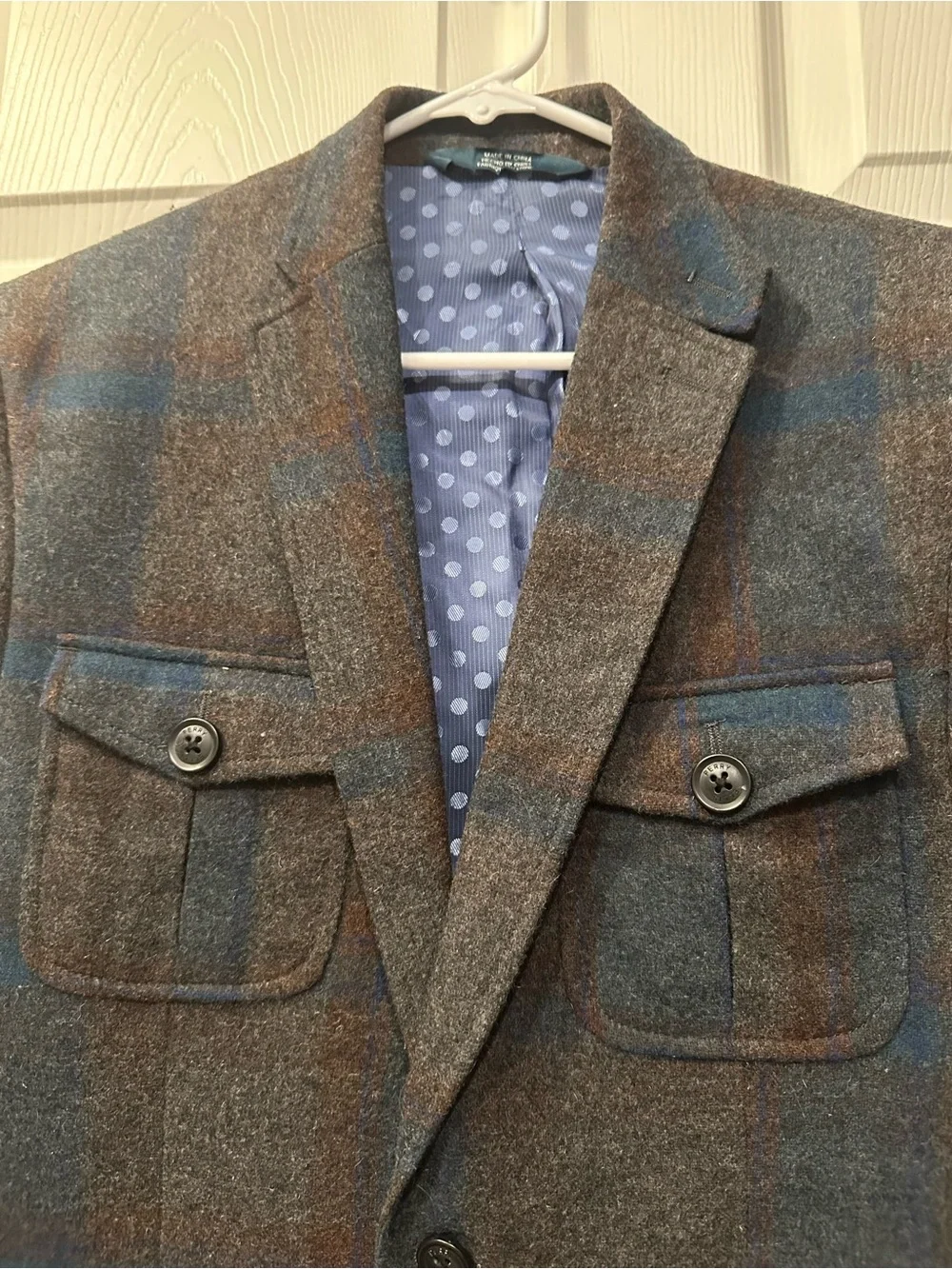 Perry Ellis 50% Wool Grey Blue Brown Plaid Fall Winter Slim Fit Blazer Jacket